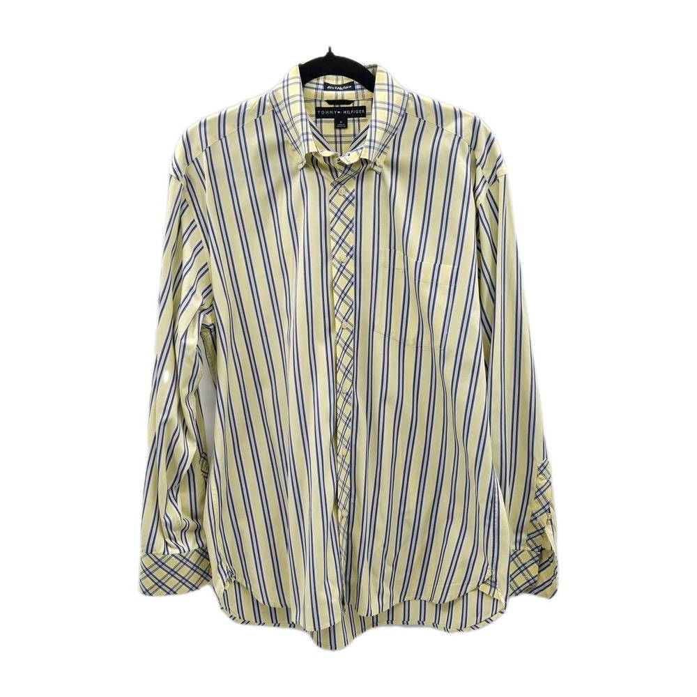 Tommy Hilfiger Mens Yellow Navy Striped 80s 2-Ply Cotton Button Down Shirt M